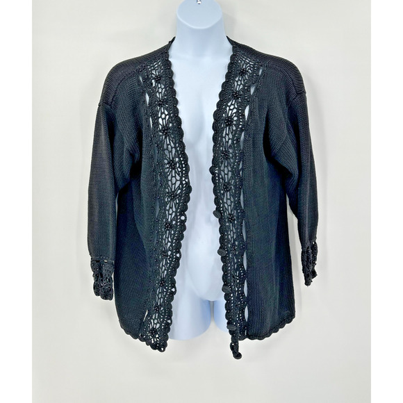 Vintage All Points Cardigan Sweater Womens Large Black Crochet‎ Beaded* - Picture 1 of 10